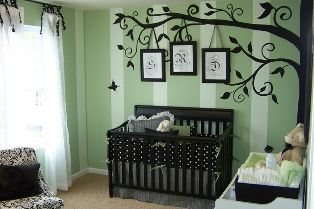 Nursery Decor Decorated Refreshing Nursery Decor Ideas Interior Decorated With Striped Wall With Black Tree Decal To Match The Dark Crib Decoration Lovely Nursery Decor Ideas With Secured Bedroom Appliances