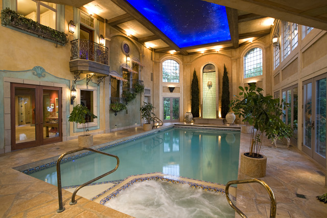 Potted Plants Traditional Refreshing Potted Plants Installed In Traditional Pool Beside Irregular Pool With Indoor Pool House Designs Involved Ladder Swimming Pool Elegant Indoor Pool House Designs Saving Skins From Sun Burning