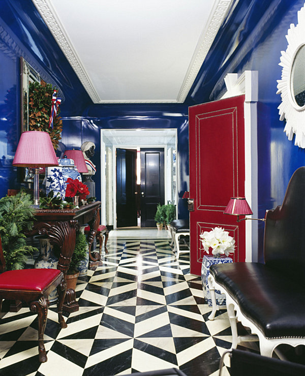 Details In Tone Sensational Details In The Jewel Tone Entryway With Blue Wall And Wooden Table Under The White Ceiling Decoration Shining Room Painting Ideas With Jewel Vibrant Colors