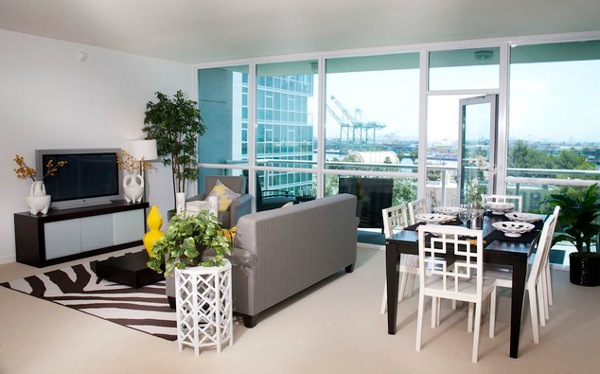 Living Room Room Sensational Living Room And Dining Room In Dwellatvue Apartment With Grey Sofas And Black Table Under White Ceiling Decoration Amazing Elegant Dwelling For Fantastic Modern Home Tour