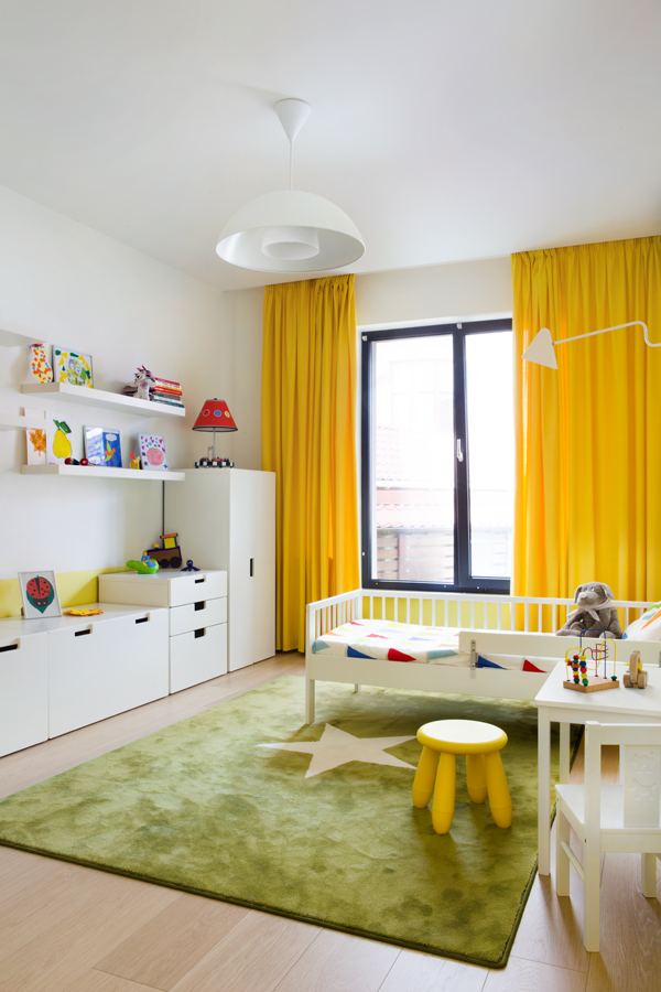 Project Bogdan Green Sensational Project Bogdan Golovchenko With Green Fur Rug On Wood Floor Yellow Curtain Covering Glass Window Minimalist Cabinet Charming Kids Room Decoration Minimalist Artistic Decor Accents For Your Small Living Space