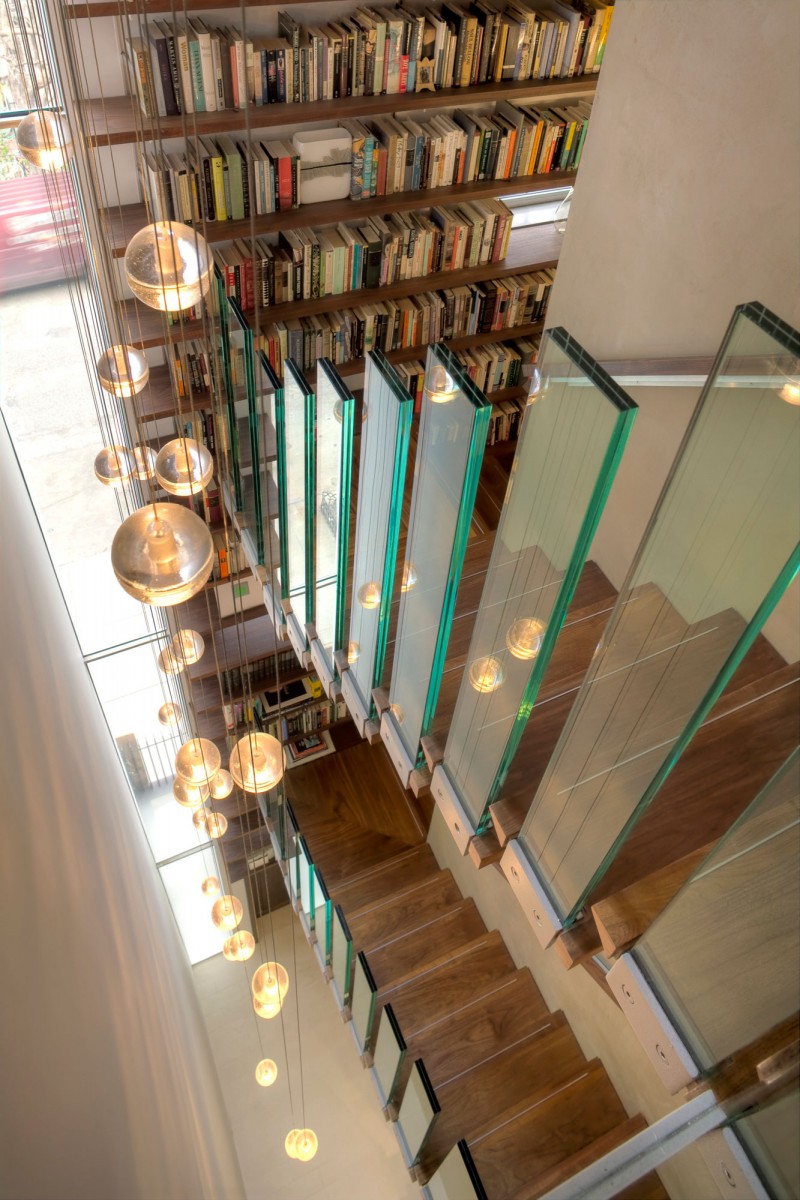 Wooden Bookshelves Staircase Sensational Wooden Bookshelves And Wooden Staircase Inside The Urban House NYC With White Wall And Bubble Lamps Architecture  Elegant Townhouse Designed Into A Contemporary Urban Home Style