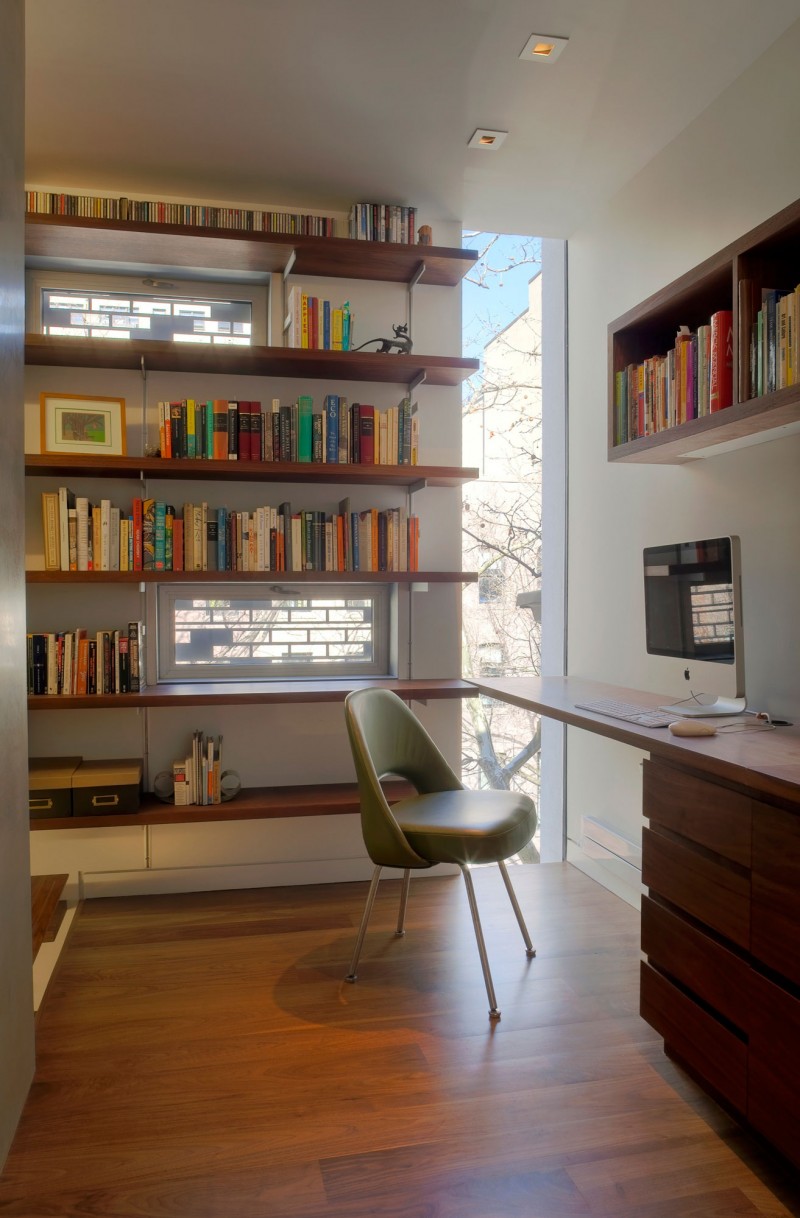 Home Office The Simple Home Office Space Of The Urban House NYC With Wooden Desk And Wooden Bookshelves Near Green Chair Architecture  Elegant Townhouse Designed Into A Contemporary Urban Home Style