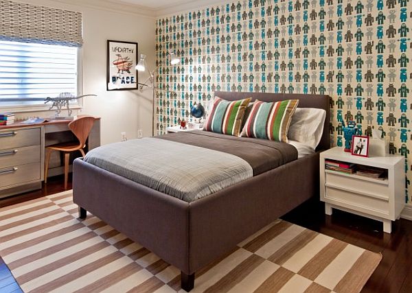 Teen Boys Patterned Simple Teen Boys Bedroom With Patterned Wallpaper And Bed Coverings Near The Grey Desk And Wooden Chair Kids Room Fantastic Kids Room Decoration That Make Imaginations Come True