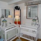 White Painted Set Simple White Painted Mini Cribs Set For Twins Decorated With Hanging Accessory And Ladder Storage Idea Kids Room Minimalist Mini Cribs In Various Room Designs