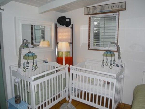 White Painted Set Simple White Painted Mini Cribs Set For Twins Decorated With Hanging Accessory And Ladder Storage Idea Kids Room Minimalist Mini Cribs In Various Room Designs