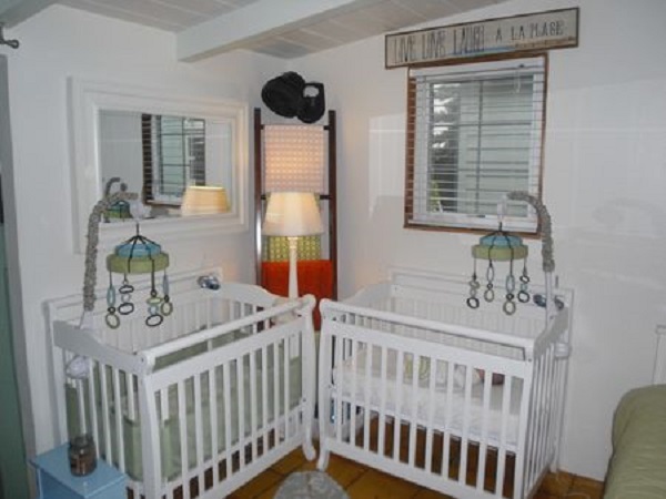 White Painted Set Simple White Painted Mini Cribs Set For Twins Decorated With Hanging Accessory And Ladder Storage Idea Kids Room  Minimalist Mini Cribs In Various Room Designs