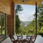 Wooden Chairs Small Simple Wooden Chairs Coupled With Small Coffee Table Installed In Terrace Of Ridge House Involved Electric Fan Without Lamp Dream Homes Simple Modern Wood House In Comfortable Atmosphere