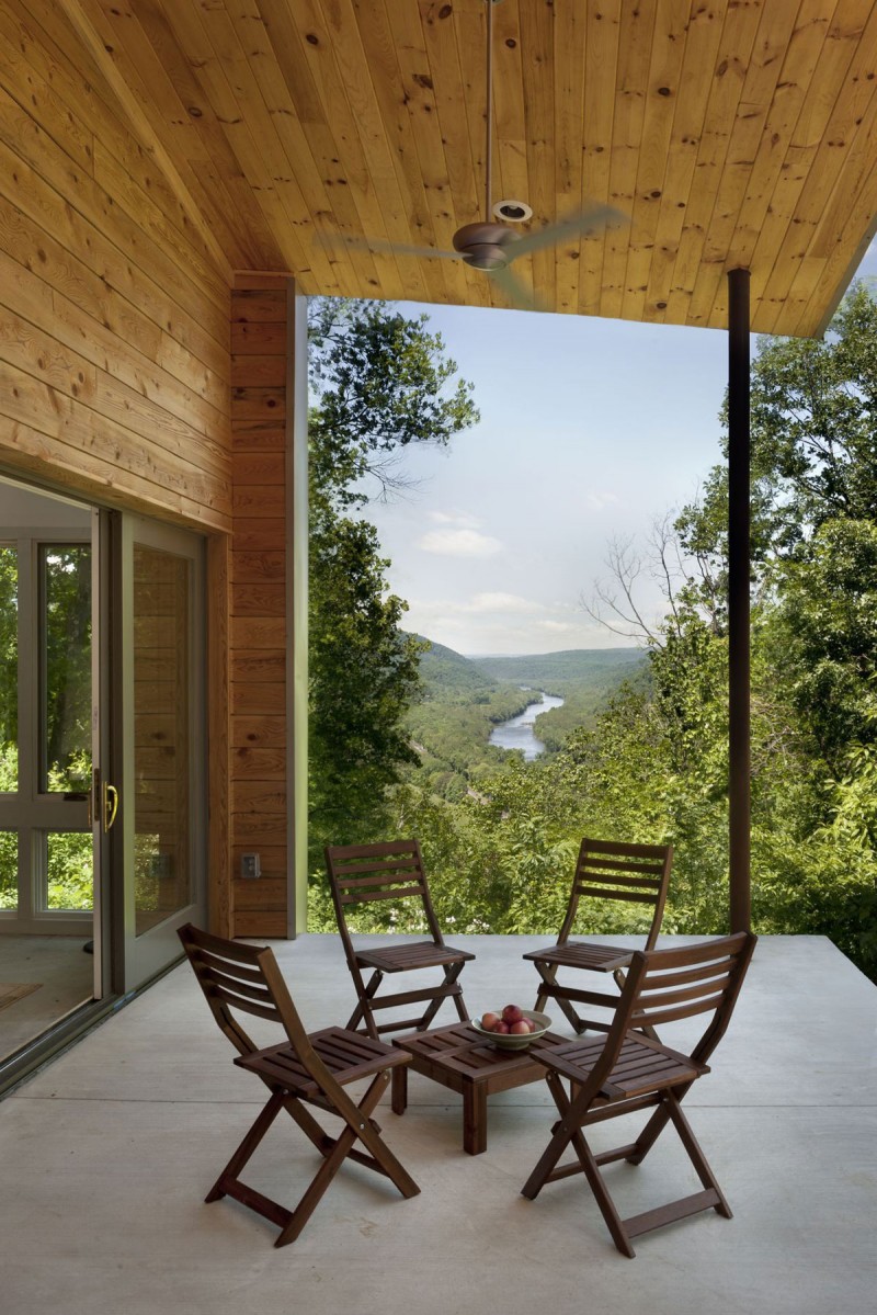 Wooden Chairs Small Simple Wooden Chairs Coupled With Small Coffee Table Installed In Terrace Of Ridge House Involved Electric Fan Without Lamp Dream Homes Simple Modern Wood House In Comfortable Atmosphere