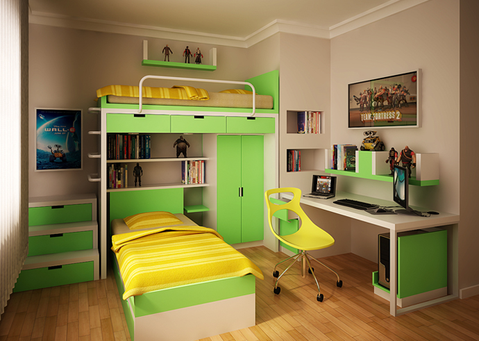 Green Kids Boys Small Green Kids Room For Boys Featured With Bunk Bed Involving Drawer Stairs Desk And Swivel Chair In Yellow Kids Room  Creative Kids Playroom Design Ideas In Beautiful Themes