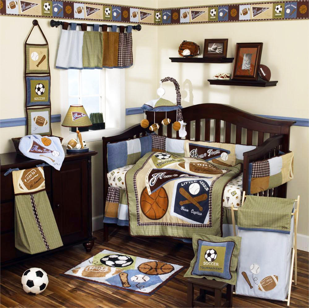 Themed Baby Bedding Sporty Themed Baby Boy Crib Bedding Enhanced With Black Dresser And Open Shelves To Display Decorative Items Kids Room  Enchanting Baby Boy Crib Bedding Applied In Colorful Baby Room