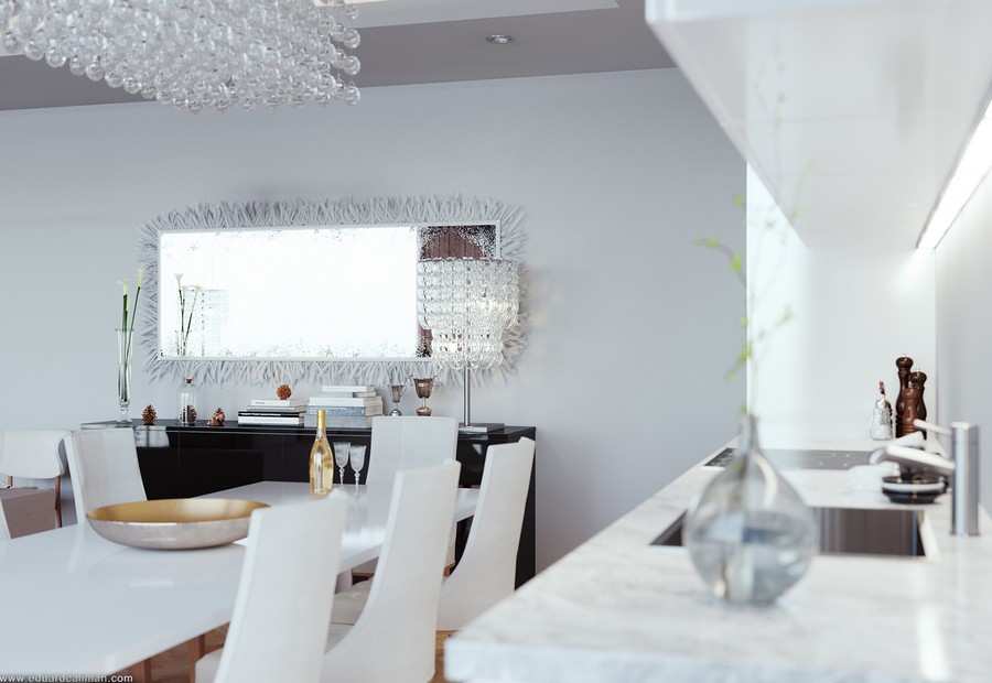 Crystal Chandelier Light Stunning Crystal Chandelier And LED Light Rectangular Dining Table White Chairs Dark Sideboard Rectangular Mirror Shiny Kitchen Backsplash Light Living Room Luxury Living Room In Elegant Contemporary Style