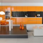 Orange Kitchen Effect Stunning Orange Kitchen With Glossy Effect On Cabinets And Island Completed White Dining Table With Chairs And Pendant Kitchens Various French Kitchen Styles In Pretty Layout