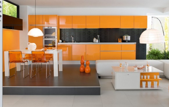 Orange Kitchen Effect Stunning Orange Kitchen With Glossy Effect On Cabinets And Island Completed White Dining Table With Chairs And Pendant Kitchens Various French Kitchen Styles In Pretty Layout