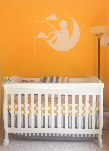 Orange Themed Ideas Stunning Orange Themed Nursery Decor Ideas With White Fishing Boy On The Moon Decal Above The Crib With Mattress Decoration Lovely Nursery Decor Ideas With Secured Bedroom Appliances
