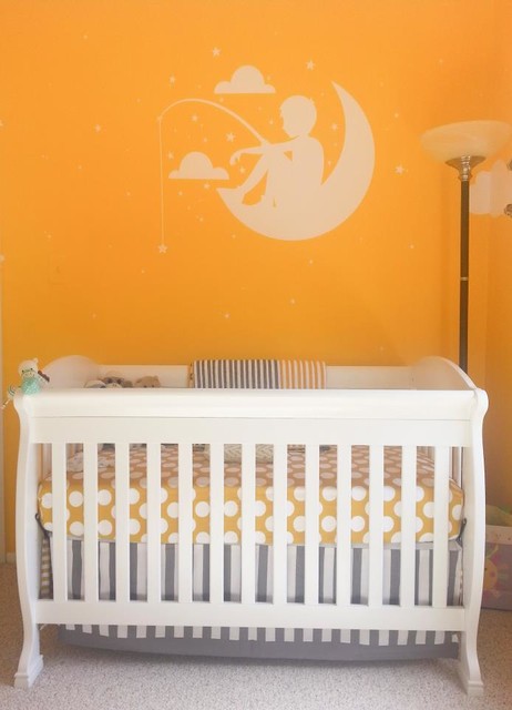 Orange Themed Ideas Stunning Orange Themed Nursery Decor Ideas With White Fishing Boy On The Moon Decal Above The Crib With Mattress Decoration  Lovely Nursery Decor Ideas With Secured Bedroom Appliances