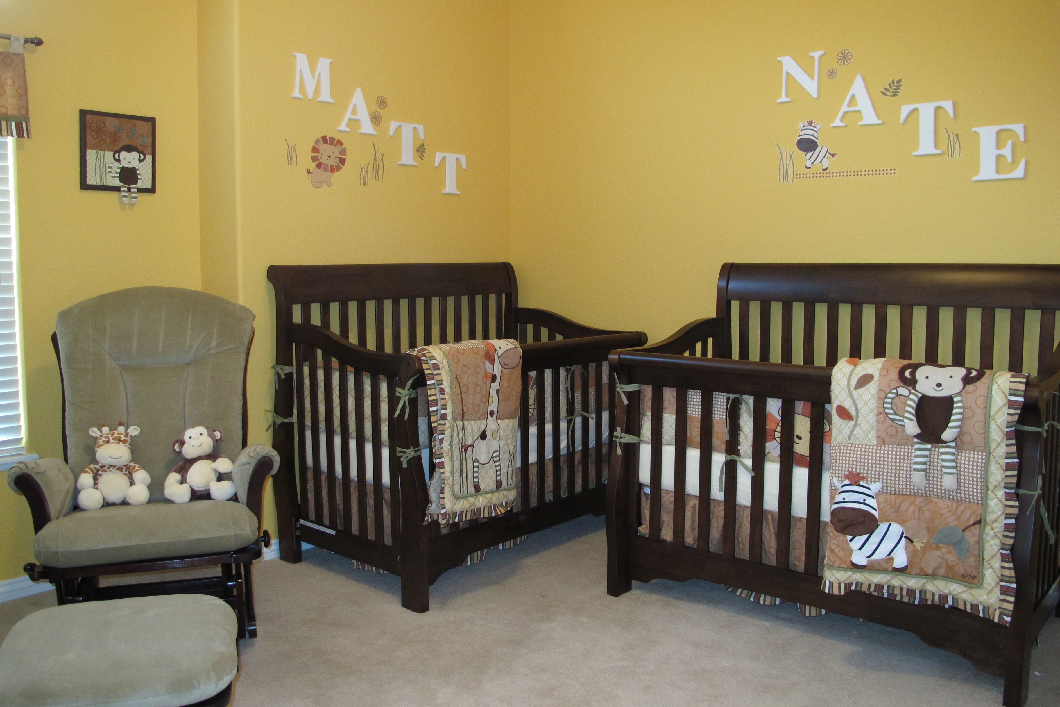 Yellow Painted For Stunning Yellow Painted Baby Nursery For Twin Furnished With Dark Brown Wooden Mini Cribs With Lounge Kids Room  Minimalist Mini Cribs In Various Room Designs