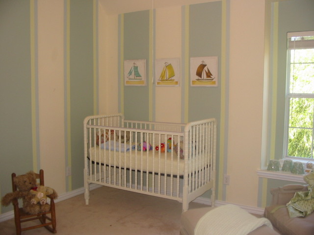 Green Grey Striped Stylish Green Grey And White Striped Wallpaper On Wall Decorated With Colorful Ship As Background Of White Crib Kids Room Lavish White Crib Designed In Contemporary Style For Main Furniture