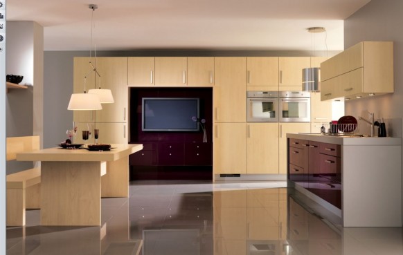 Kitchen With On Terrific Kitchen With Flat Screen TV On Red Center Wall Between Cabinets Beside Wooden Dining Table With Pendant And Chair Kitchens Various French Kitchen Styles In Pretty Layout