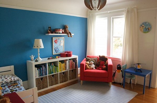 Books In Bookshelves Tidy Books In The White Bookshelves Inside The Blue And Red Children Bedroom With Red Kid Sofa Kitchens Fantastic Kids Room Decoration That Make Imaginations Come True