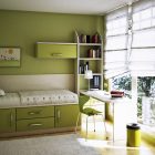 Green Kids Boys Tiny Green Kids Room For Boys Or Girls Illuminated By Wide Blinded Windows To Enhance Study Area With Desk Kids Room Creative Kids Playroom Design Ideas In Beautiful Themes