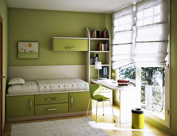 Green Kids Boys Tiny Green Kids Room For Boys Or Girls Illuminated By Wide Blinded Windows To Enhance Study Area With Desk Kids Room Creative Kids Playroom Design Ideas In Beautiful Themes