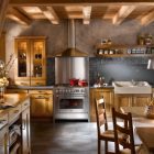 Worn Look Wooden Traditional Worn Look Kitchen With Wooden Cabinets And Island On Gray Tiled Floor Involved Wooden Dining Table And Chairs Kitchens Various French Kitchen Styles In Pretty Layout