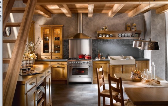 Worn Look Wooden Traditional Worn Look Kitchen With Wooden Cabinets And Island On Gray Tiled Floor Involved Wooden Dining Table And Chairs Kitchens Various French Kitchen Styles In Pretty Layout