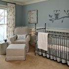 Black Iron Sets Transitional Black Iron Baby Crib Sets Covered By Grey Skirt To Match Grey Wall With Funny Owl And Branch Decal Kids Room Classy Baby Crib Sets For Contemporary And Eclectic Interior Design