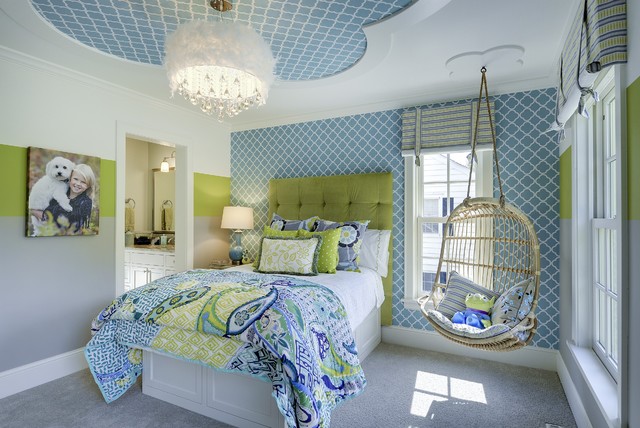 Floral Themed For Transitional Floral Themed Cool Rooms For Girls Idea Involving Green And Blue Tufted Bed And Hanging Chair Bedroom  30 Creative And Colorful Teenage Bedroom Ideas For Beautiful Girls