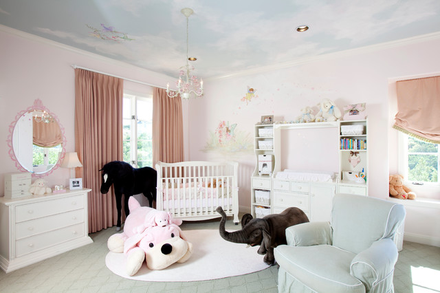 Baby Nursery With Trendy Baby Nursery Interior Decorated With Sky Mural On Ceiling White Crib And Furnishing And Black Doll Kids Room Lavish White Crib Designed In Contemporary Style For Main Furniture