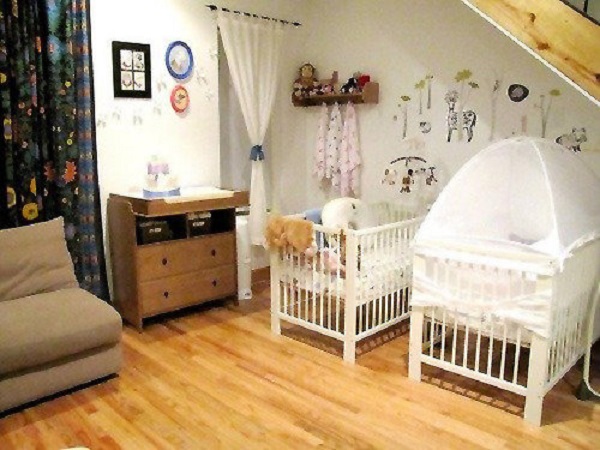 Attic Baby Twins Warm Attic Baby Nursery For Twins Completed With White Painted Coupled With Comfy Brown Sofa And Dresser Bedroom Marvelous Best Baby Cribs Designed In Twins Model For Small Room