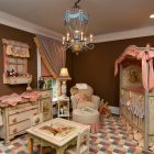 Dark Brown Nursery Warm Dark Brown Painted Baby Nursery For Girl With Grey And Cream Themed Baby Girl Crib Bedding And Chandelier Kids Room Stunning Baby Girl Crib Bedding Designed In Magenta Color Interior