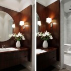 Wood Abundance Chic Warm Wood Abundance Attached Over Chic Montreal Penthouse Bathroom Vanity Backsplash With Round Mirror Decoration Modest Home Decor And Modern Furniture Of Monochromatic Themes
