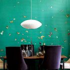 Butterfly Details Emerald Wonderful Butterfly Details On The Emerald Green Wallpaper Near Dining Room With Wooden Table And Cozy Chairs Decoration Shining Room Painting Ideas With Jewel Vibrant Colors