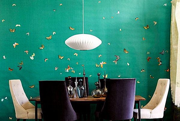 Butterfly Details Emerald Wonderful Butterfly Details On The Emerald Green Wallpaper Near Dining Room With Wooden Table And Cozy Chairs Decoration Shining Room Painting Ideas With Jewel Vibrant Colors