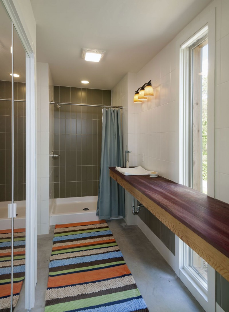 Colorful Rug With Wonderful Colorful Rug In Bathroom With Shower Room Completed Light Gray Drapes On It Inside Ridge House With Wall Lamp Decoration Simple Modern Wood House In Comfortable Atmosphere