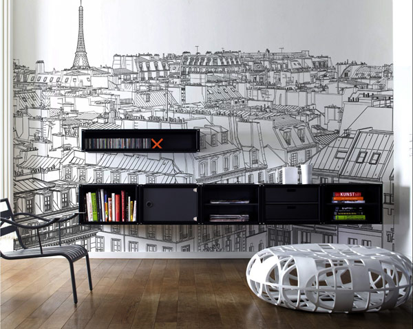 Paris View Design Wonderful Paris View Wall Sticker Design Interior In Reading Space With Black Bookshelf Furniture In Modern Decoration Ideas Fireplace Unique Wall Decoration For An Elegant Home Interior Concepts