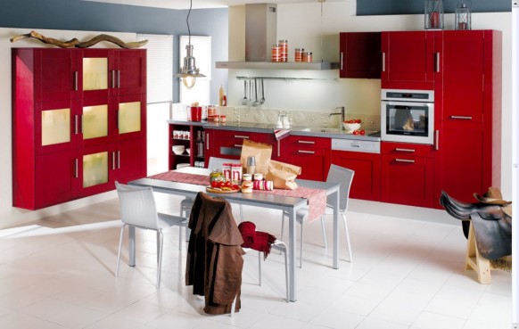Red White On Wonderful Red White Kitchen Applied On Cabinets Island And Dining Table With Chairs Installed On White Ceramics Tiled Floor Decoration Various French Kitchen Styles In Pretty Layout