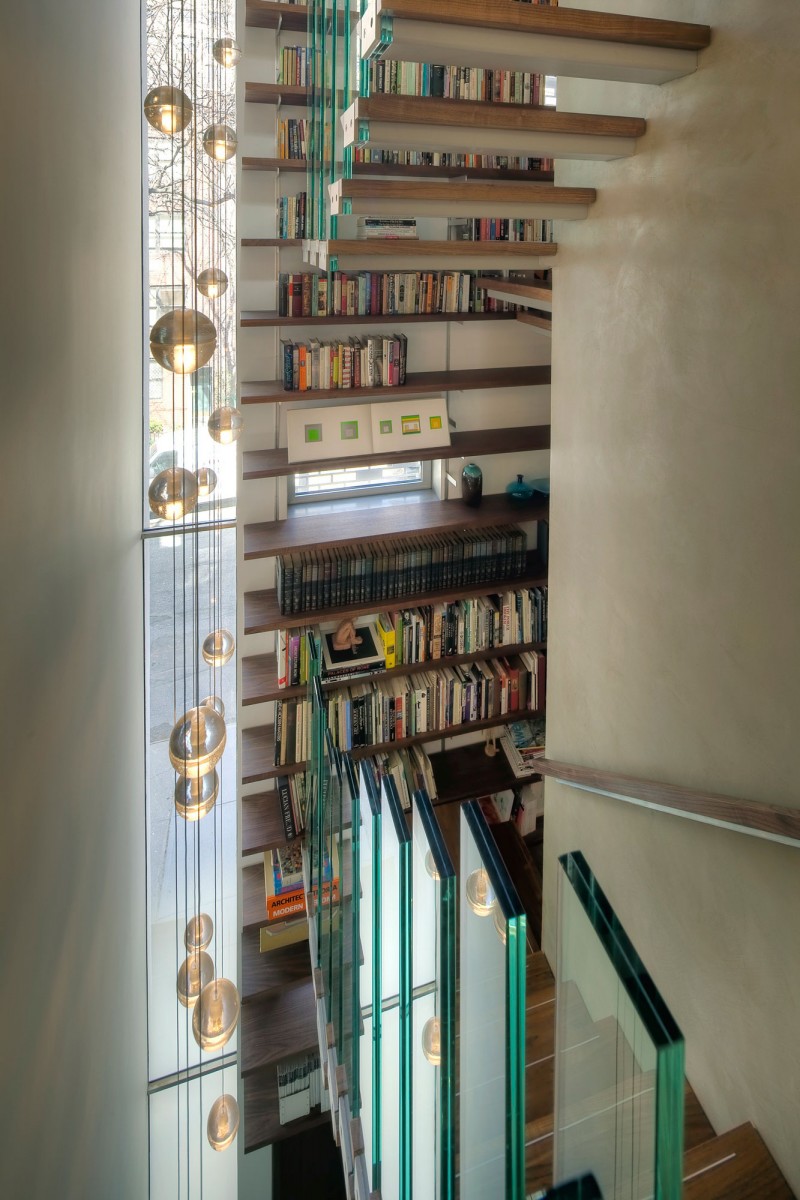 Wooden Bookshelves Urban Wonderful Wooden Bookshelves Near The Urban House NYC Staircase With Wooden Footings And The Glass Balustrade Architecture Elegant Townhouse Designed Into A Contemporary Urban Home Style