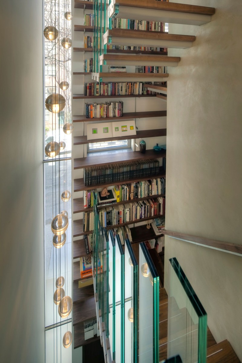 Wooden Bookshelves Urban Wonderful Wooden Bookshelves Near The Urban House NYC Staircase With Wooden Footings And The Glass Balustrade Kitchens Elegant Townhouse Designed Into A Contemporary Urban Home Style