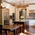 Classic Chandelier Small Adorable Classic Chandelier And Wood Small Kitchen Island Ideas Equipped With Rattan Bar Stools Sophisticated Kitchen Appliances Shiny Ceiling Lights Kitchens Elegant Small Kitchen Island Ideas To Grant A Fancy Dishing Spot