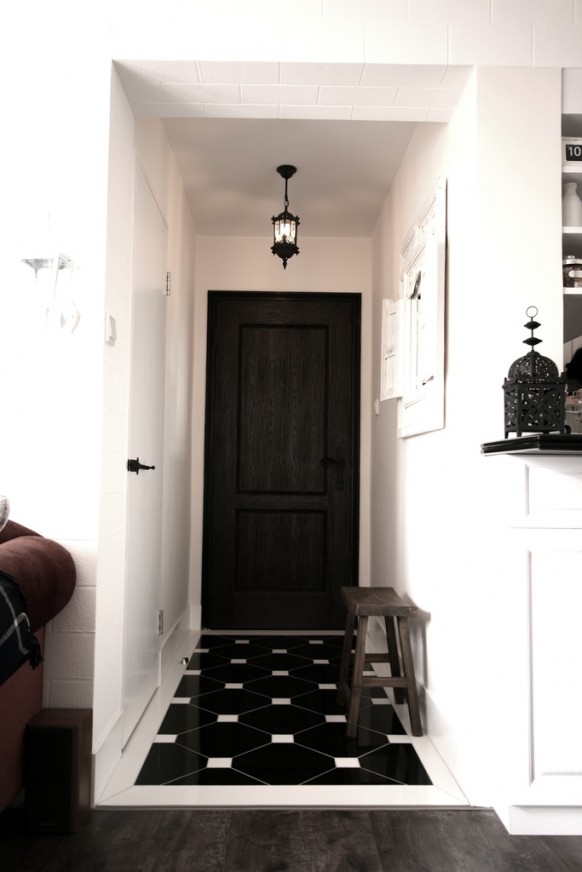 Black White Black Amazing Black White Foyer Involved Black Pendant Lamp On White Painted Ceiling Completed Long Wooden Chairs On Tiled Floor Decoration  Creative Home Interior In Various Foyer Appearances