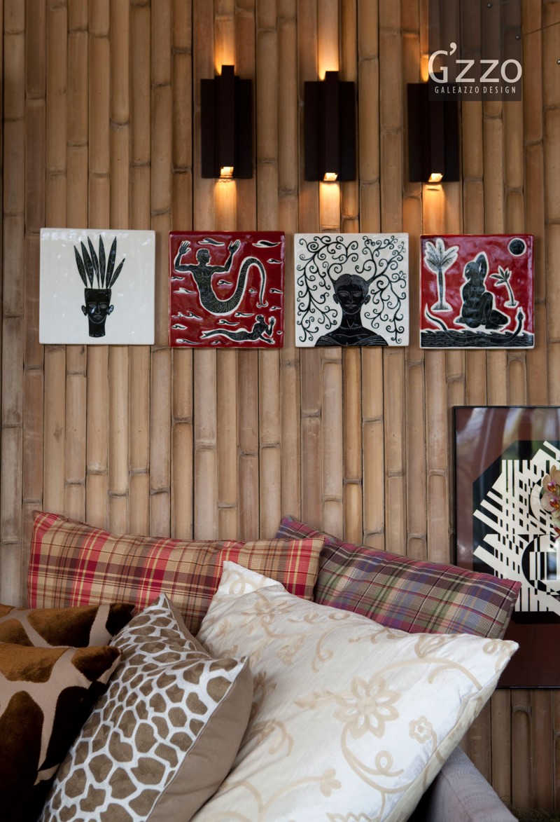 Assorted Mural Wall Amusing Assorted Mural And Black Wall Lamp On Bamboo Wall In Decorative Terrace With Many Pillow Decoration Beautiful Bamboo Wall In Natural Terrace Decorations