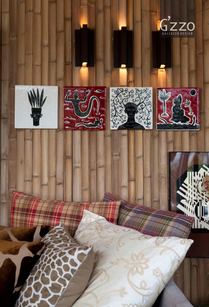 Assorted Mural Wall Amusing Assorted Mural And Black Wall Lamp On Bamboo Wall In Decorative Terrace With Many Pillow Decoration  Beautiful Bamboo Wall In Natural Terrace Decorations