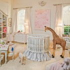 Baby Girl Painted Appealing Baby Girl Room Interior Painted In Off White Completed With White Round Crib And Giraffe Miniature Kids Room Adorable Round Crib Decorated By Vintage Ornaments In Small Room