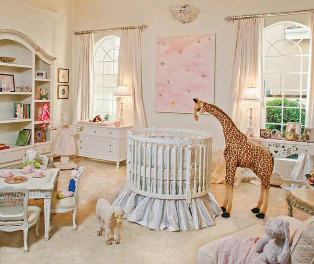 Baby Girl Painted Appealing Baby Girl Room Interior Painted In Off White Completed With White Round Crib And Giraffe Miniature Kids Room Adorable Round Crib Decorated By Vintage Ornaments In Small Room