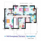 Evergreen Terrace Home Appealing Evergreen Terrace Of TV Home Floor Plans With Colorful Painting Illustration Involved Master Bedroom With Entertainment Units Decoration Imaginative Floor Plans Of Television Serial Movie House