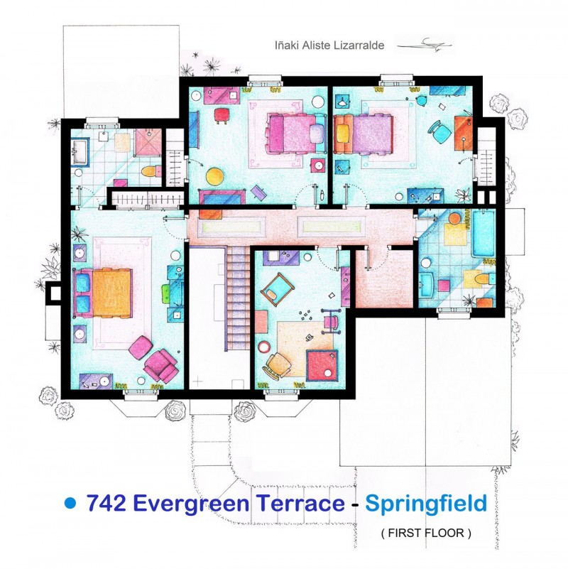 Evergreen Terrace Home Appealing Evergreen Terrace Of TV Home Floor Plans With Colorful Painting Illustration Involved Master Bedroom With Entertainment Units Decoration Imaginative Floor Plans Of Television Serial Movie House