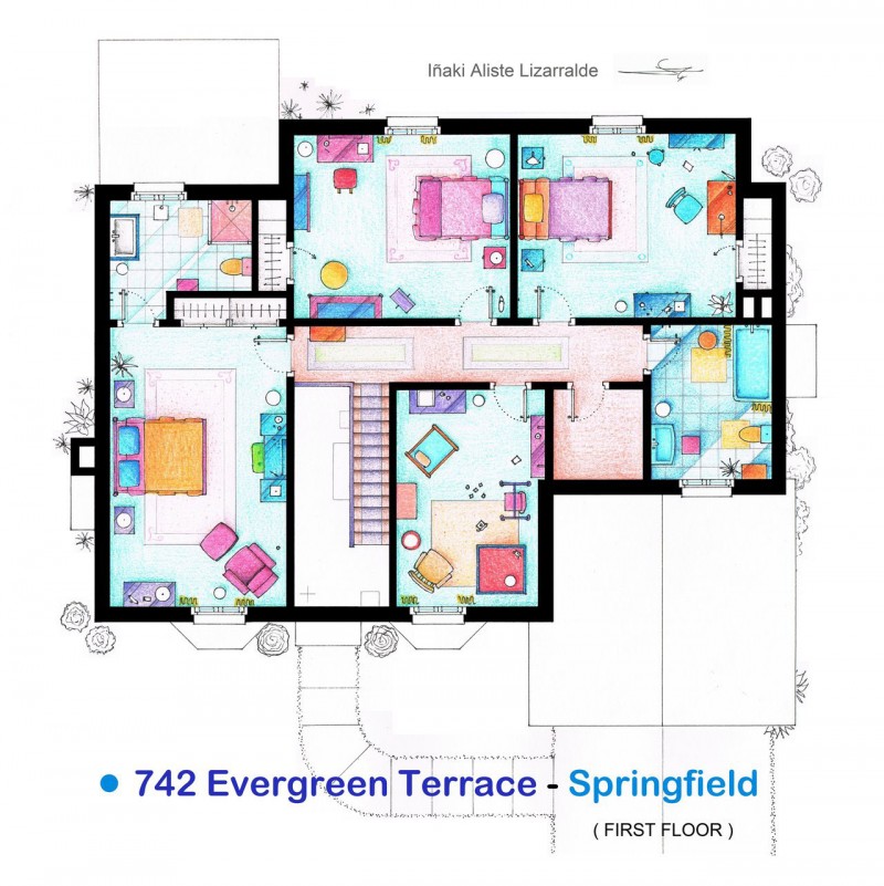 Evergreen Terrace Home Appealing Evergreen Terrace Of TV Home Floor Plans With Colorful Painting Illustration Involved Master Bedroom With Entertainment Units Decoration  Imaginative Floor Plans Of Television Serial Movie House